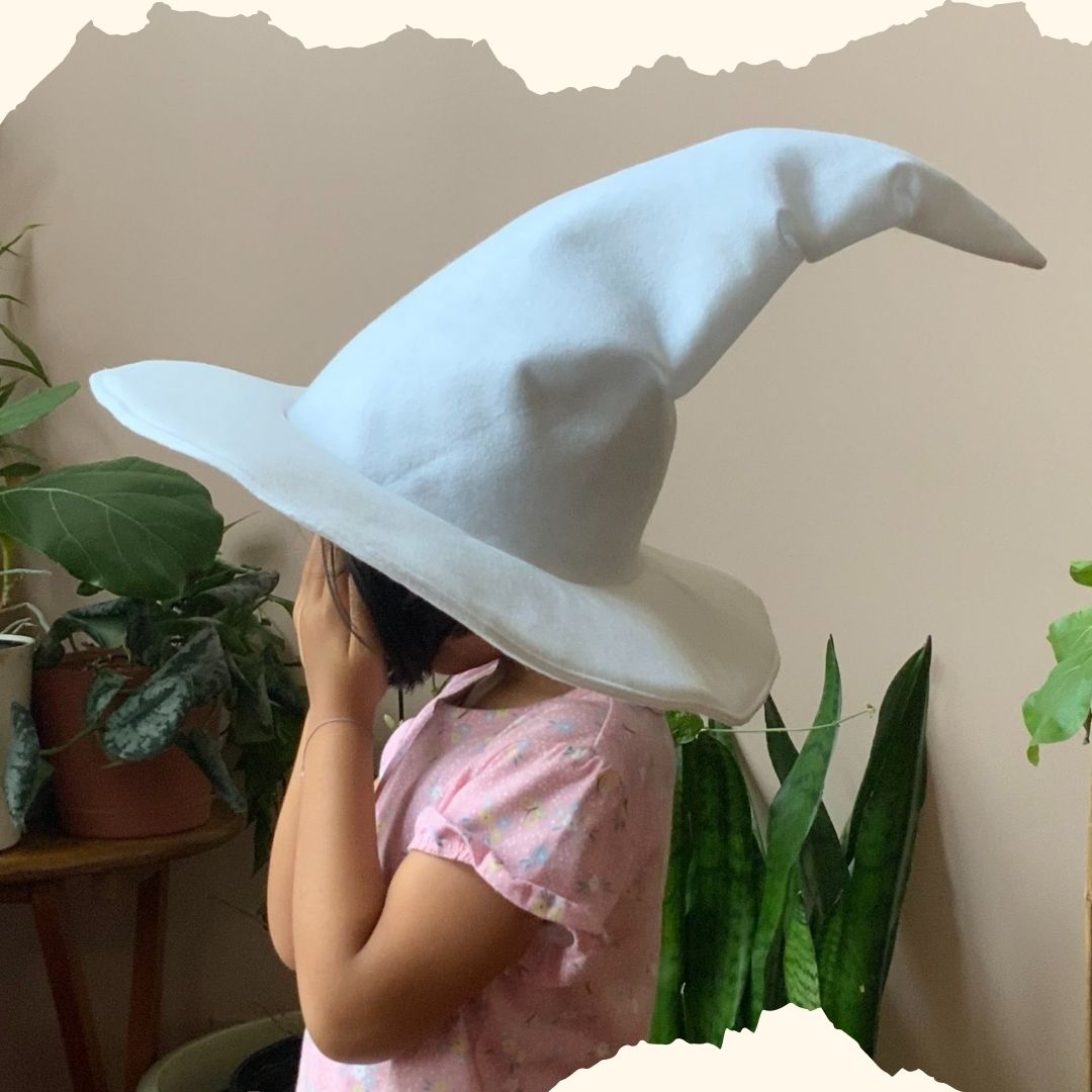 Custom White Witch, Wizard Hat – 15” Wide Brim Summer Sun Hat for Women, Men & Kids |Mage, Sorcerer, Warlock, Pointed Felt Hat | Baby, Toddler, Adult Sizes |Made to Order