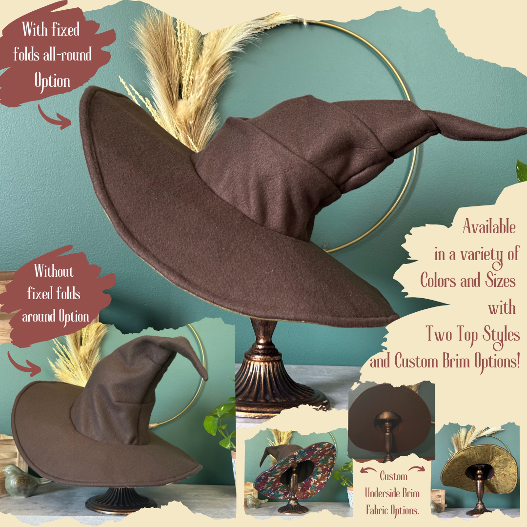 Dark brown witch hat or wizard hat made with soft fleece fabric, featuring a top cone section with three folds. The hat is customizable in various colors, including the underside of the brim, with additional fabric options available for a personalized touch.