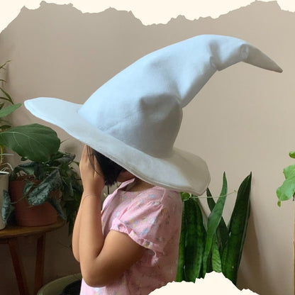 Custom White Witch, Wizard Hat – 15” Wide Brim Summer Sun Hat for Women, Men & Kids |Mage, Sorcerer, Warlock, Pointed Felt Hat | Baby, Toddler, Adult Sizes |Made to Order