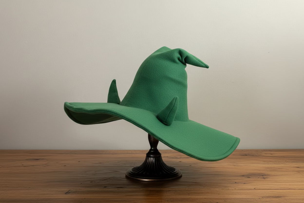 Green witch hat on a white surface with a neutral background